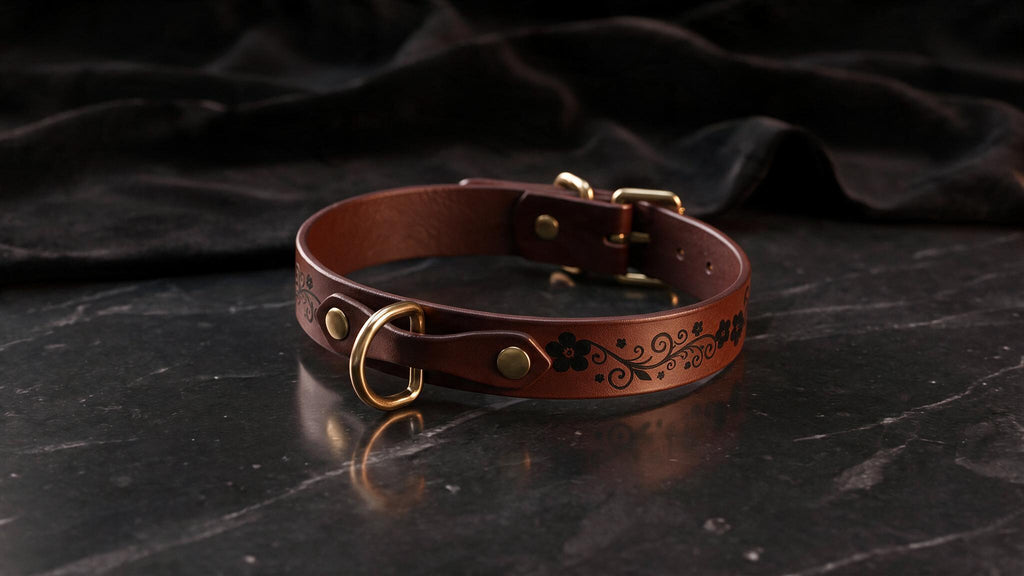 A brown leather collar with a decorative pattern on it, resting on a dark surface.