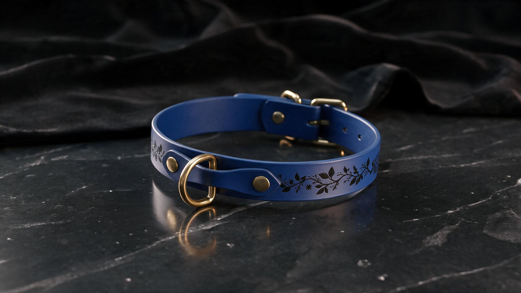 A blue leather collar with a gold-colored buckle and leaf design, placed on a black marble surface.
