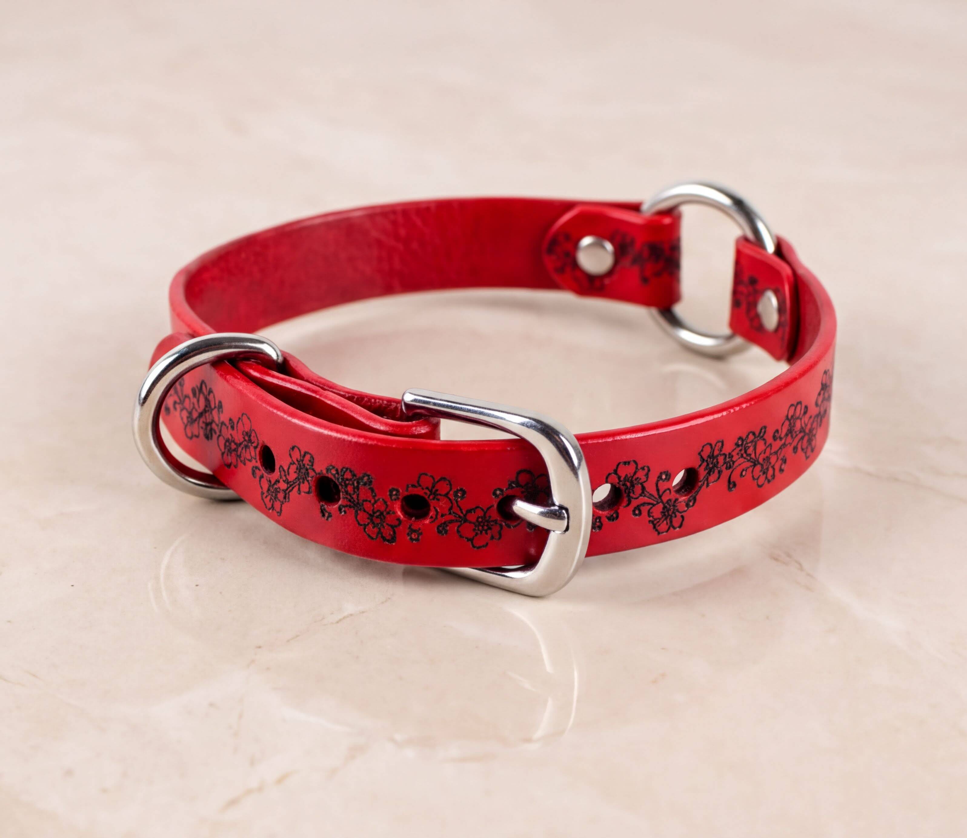 A red leather dog collar with a floral pattern on it, featuring two metal buckles and a metal ring.