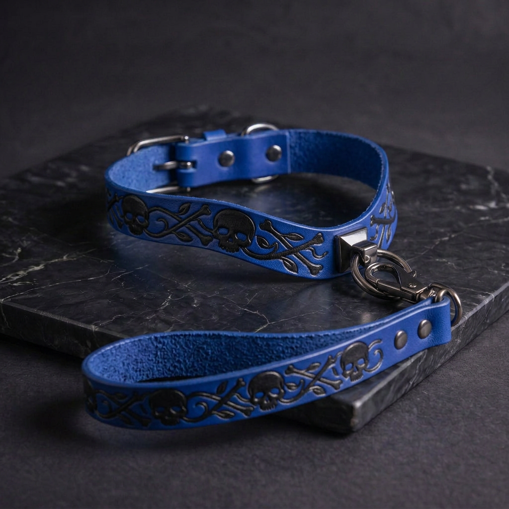 A blue leather dog collar with a skull design and a matching leash is displayed on a dark surface.