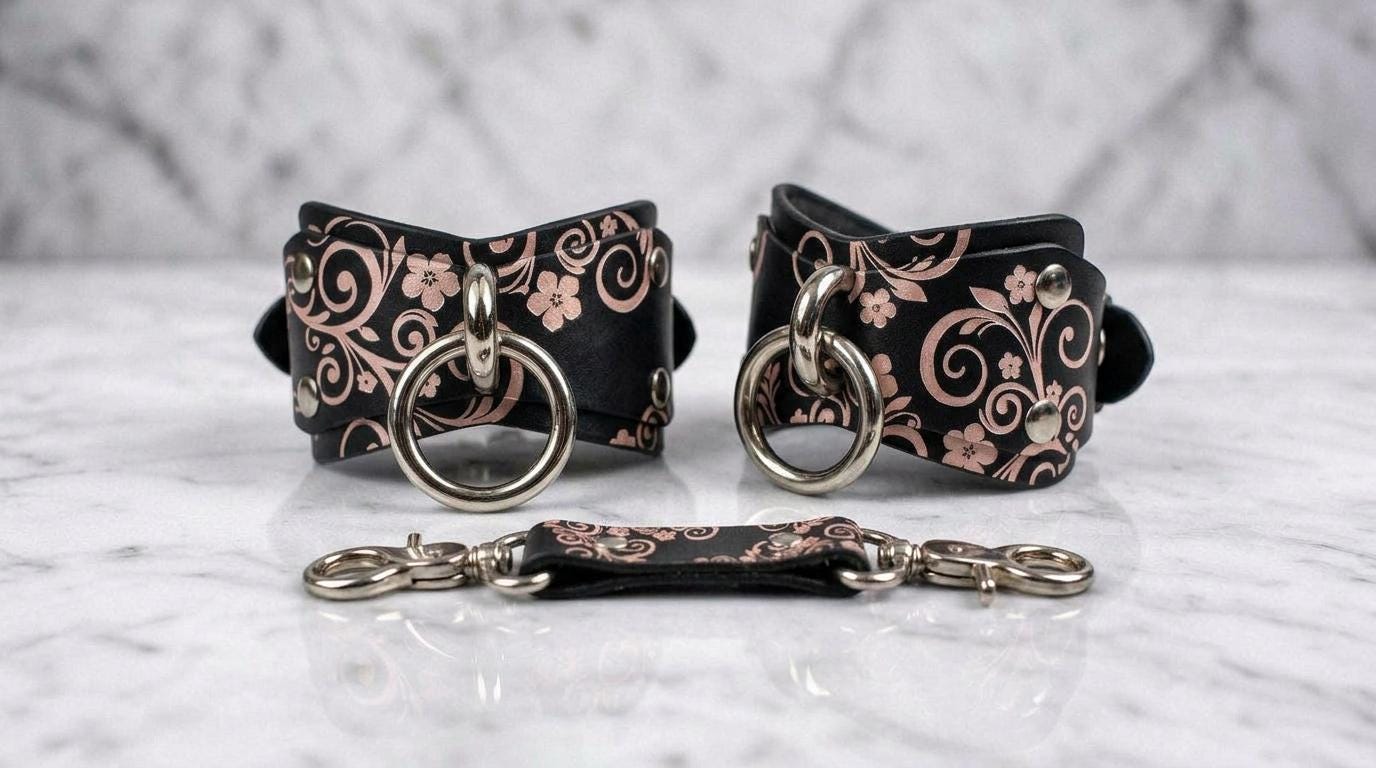 a pair of black leather straps with a floral pattern and metal rings, arranged on a marble surface.