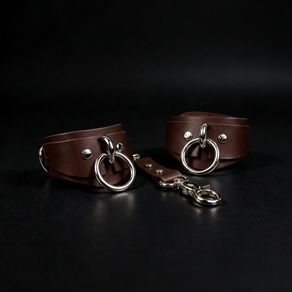 a pair of leather straps with metal rings and buckles, arranged on a dark background.