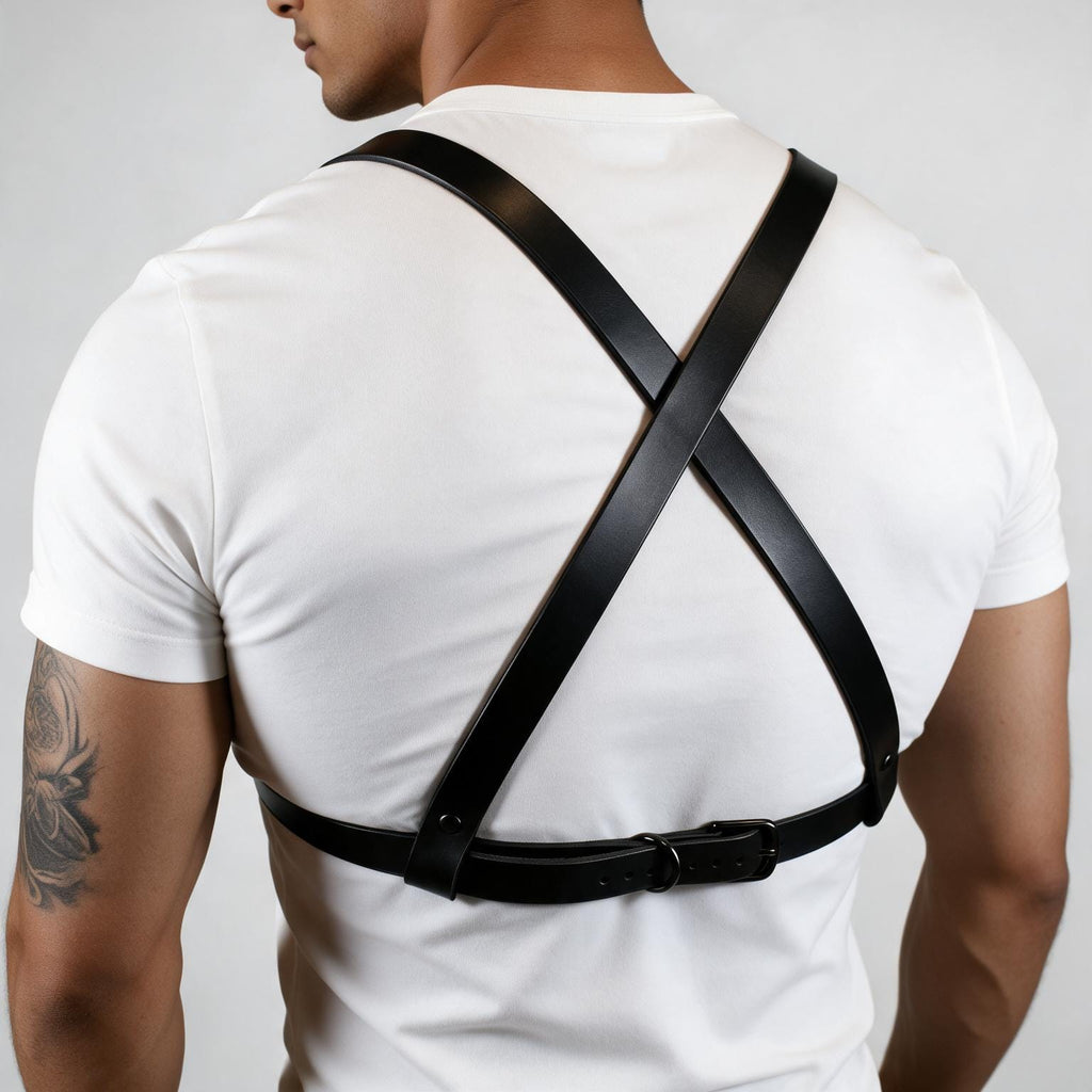A man wearing a white t-shirt with a black leather harness across his back.