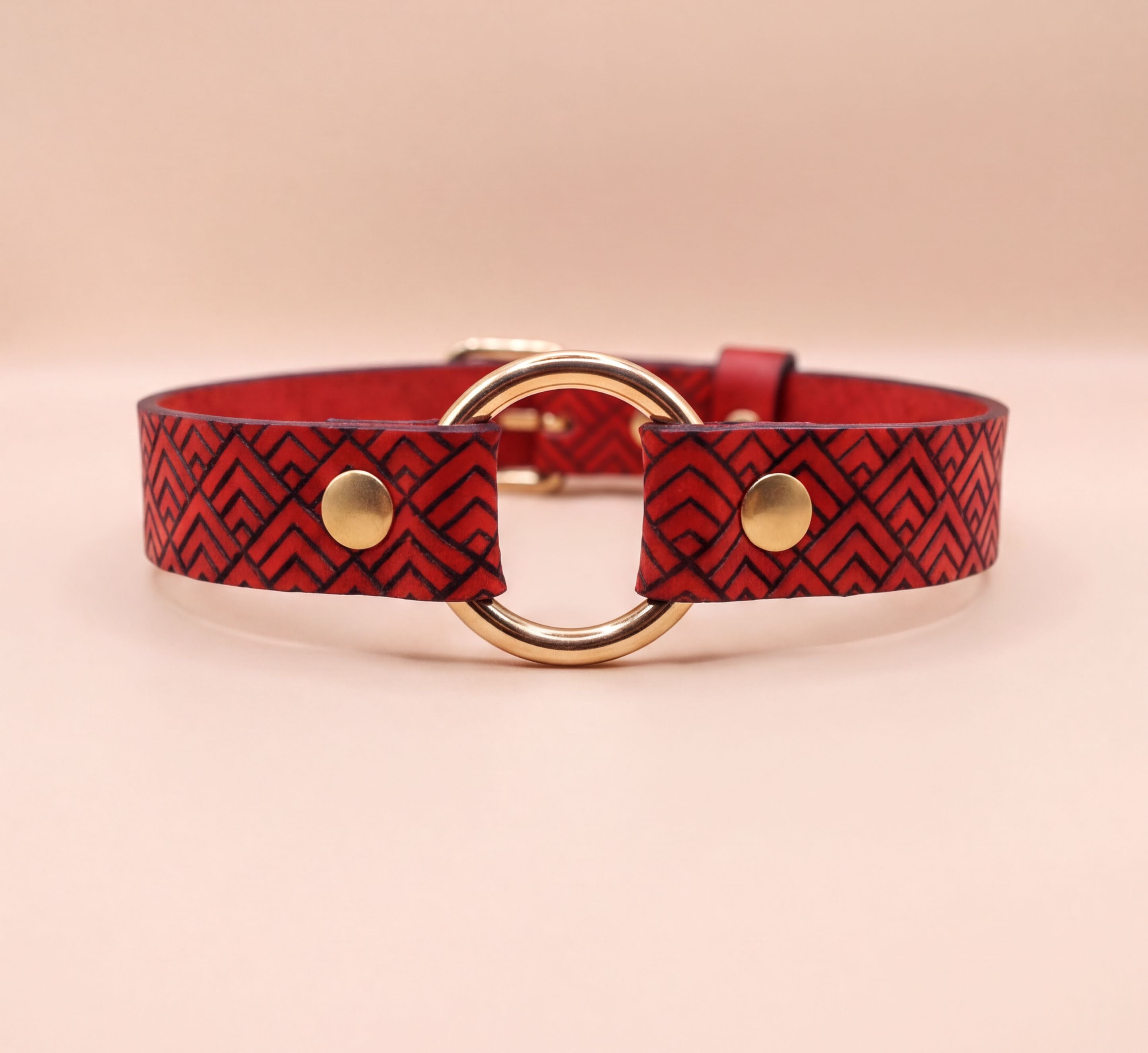 A red leather collar with a gold-colored buckle and two circular buttons.