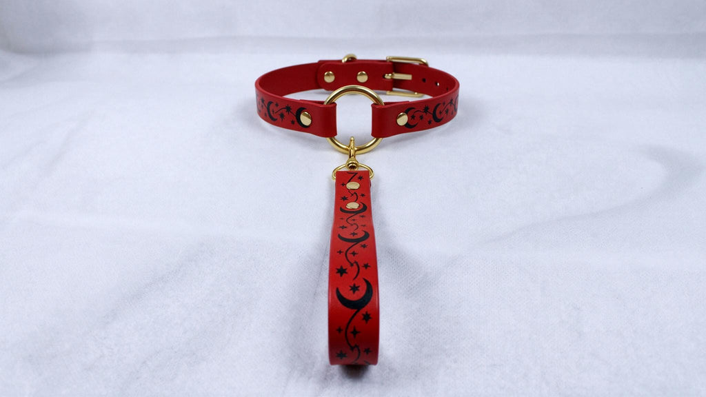 A red collar with a gold buckle and a black star design is displayed on a white surface.