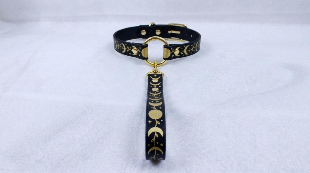 A black collar with gold accents and a dangling pendant featuring a moon and star pattern.