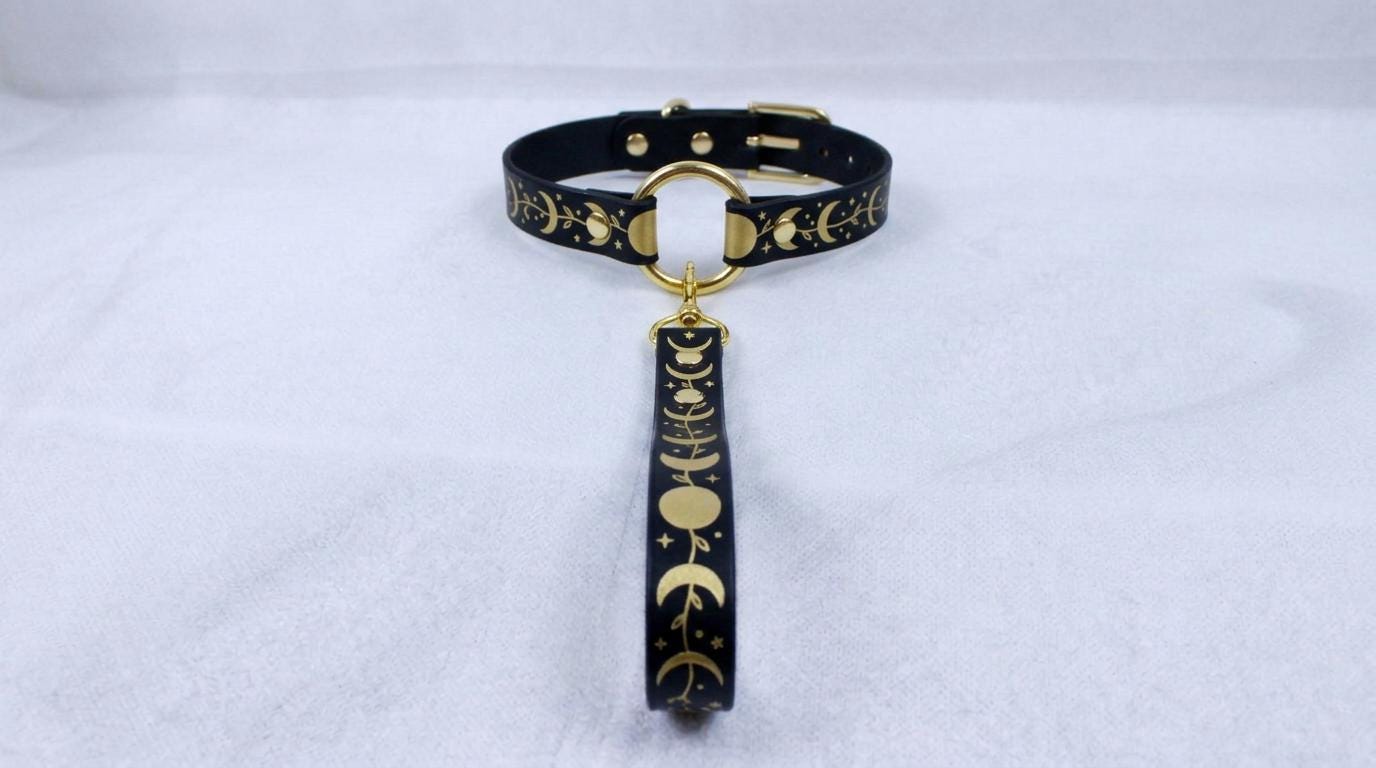 A black collar with gold accents and a dangling pendant featuring a moon and star pattern.