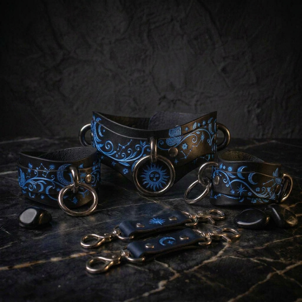A collection of ornate leather choker necklaces and straps with intricate blue designs, including sun and moon motifs, against a dark background.