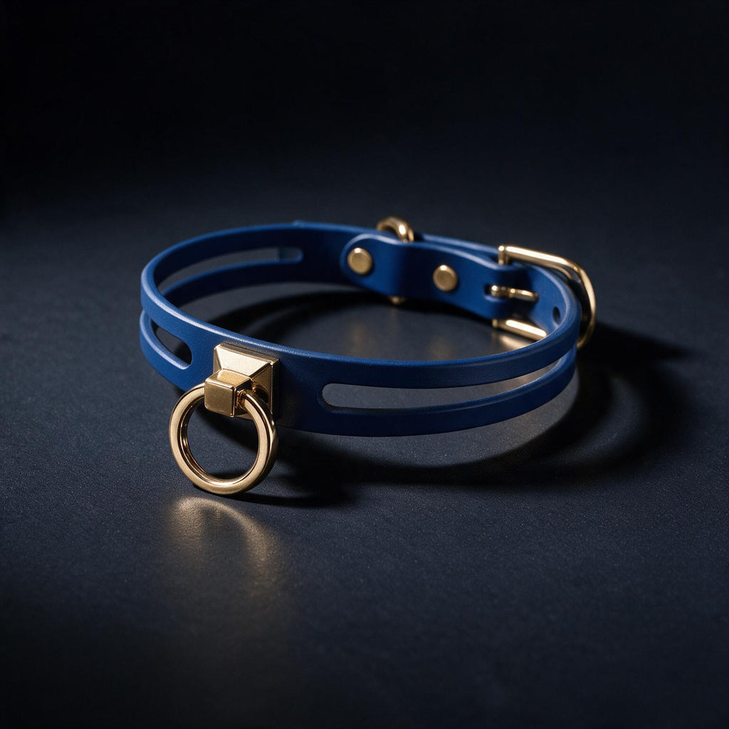 A blue leather collar with a gold-colored metal ring and buckle, displayed on a dark background.