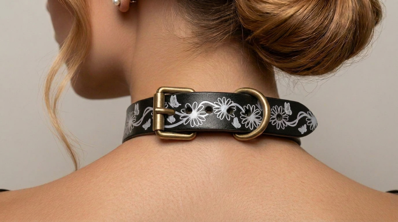 A close-up view of a woman's neck and shoulders, focusing on a black leather choker necklace with a floral pattern and a gold-colored buckle.