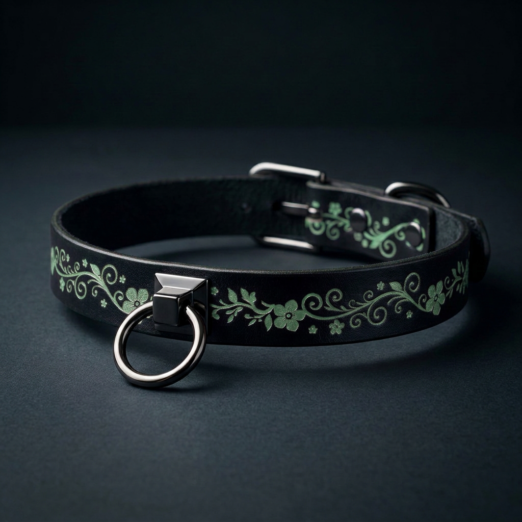 A black leather collar with a floral design and a metal ring on the front.