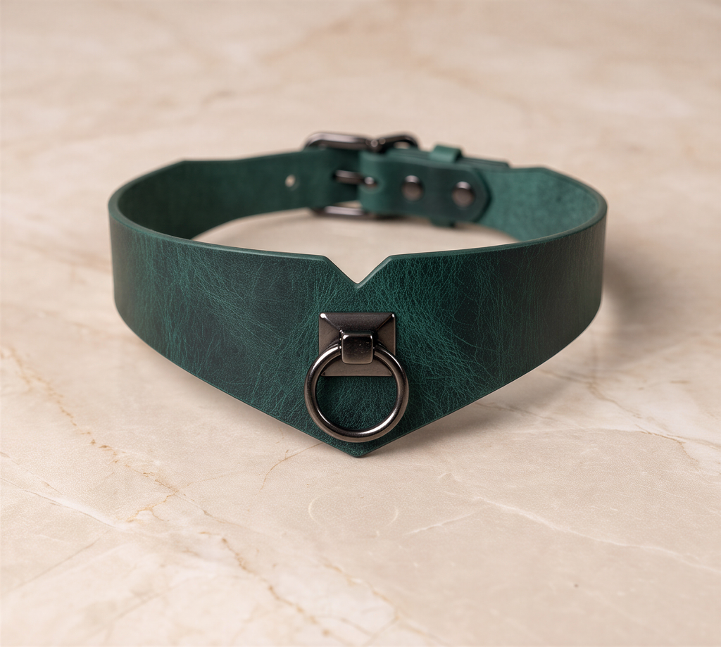 A dark green leather choker collar with a metal ring and buckle.