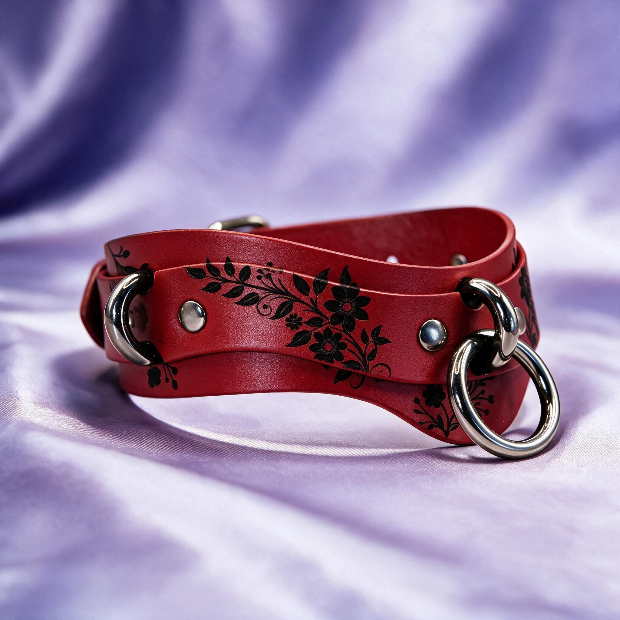 A red leather strap with black floral designs and metal rings is displayed against a purple background.
