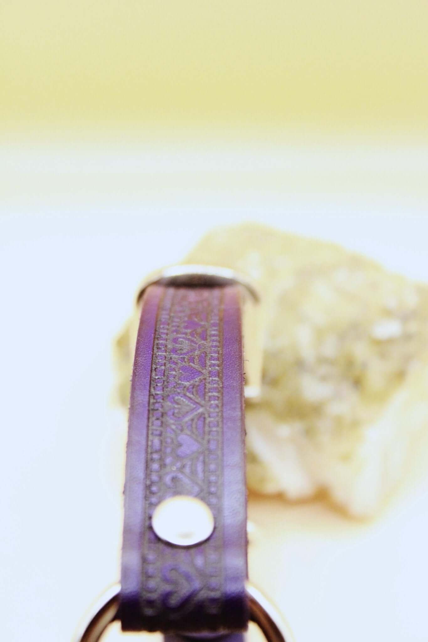 Elegant leather BDSM collar designed for submissive wear, featuring intricate details and perfect for discreet day use.