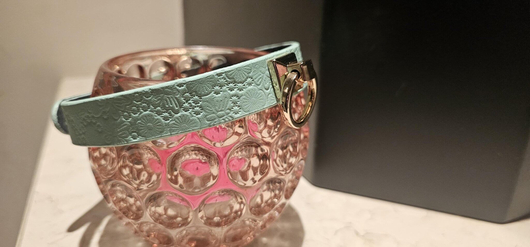 Elegant pastel leather collar with embossed floral design, perfect for BDSM, DDLG, and alternative fashion enthusiasts.