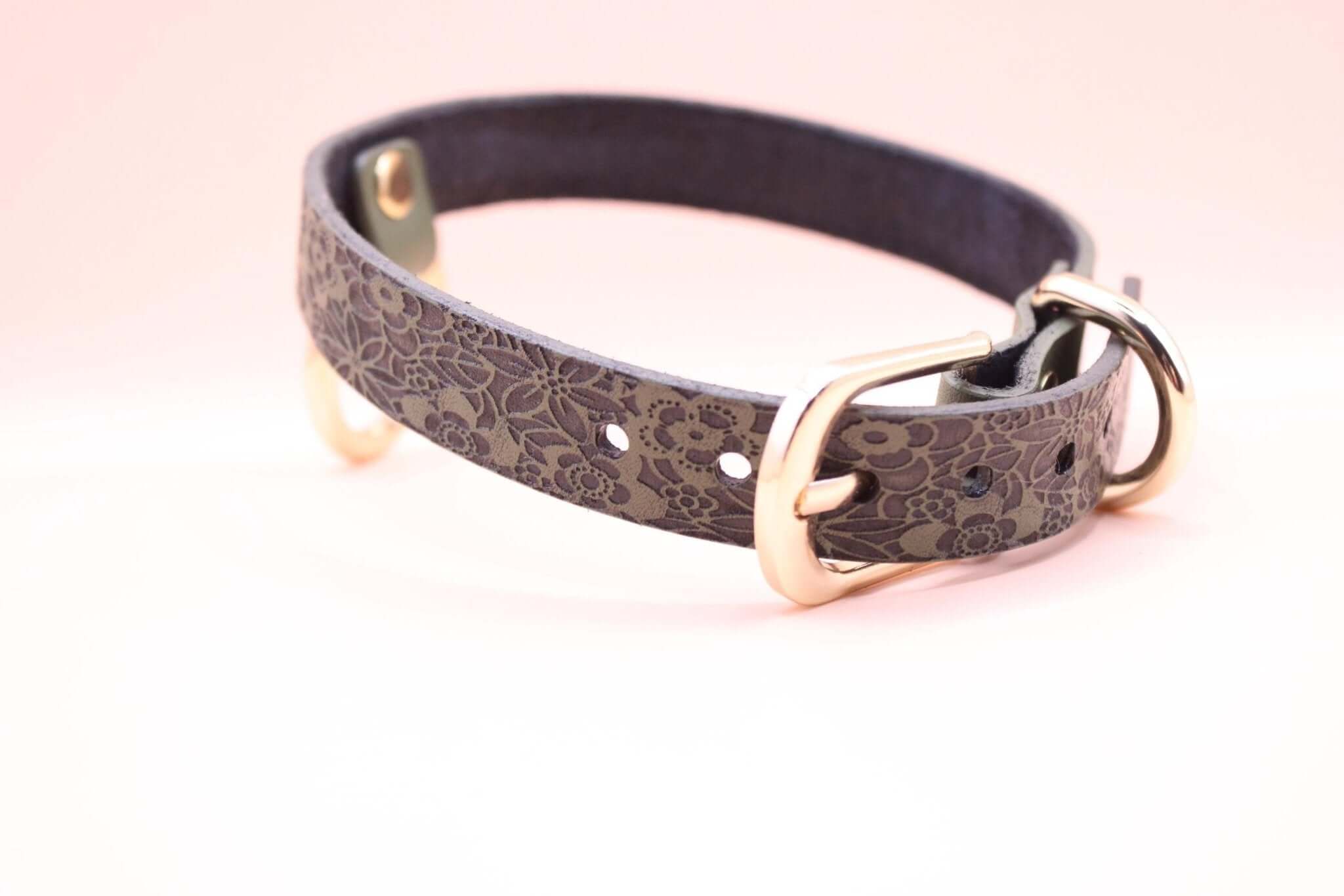 Elegant discreet day collar leather choker with intricate floral design, perfect for submissive jewelry.