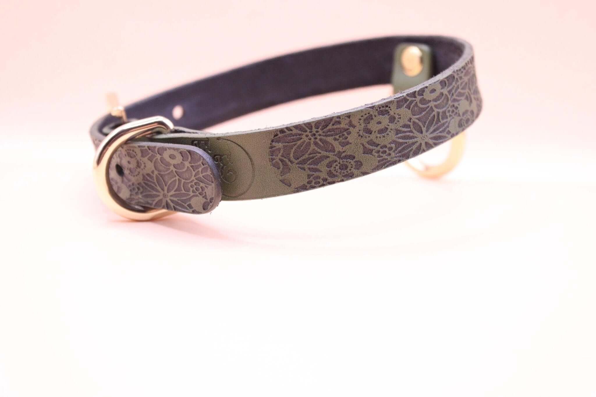 Elegant discreet day collar leather choker with floral design, perfect for submissive jewelry and BDSM fashion.