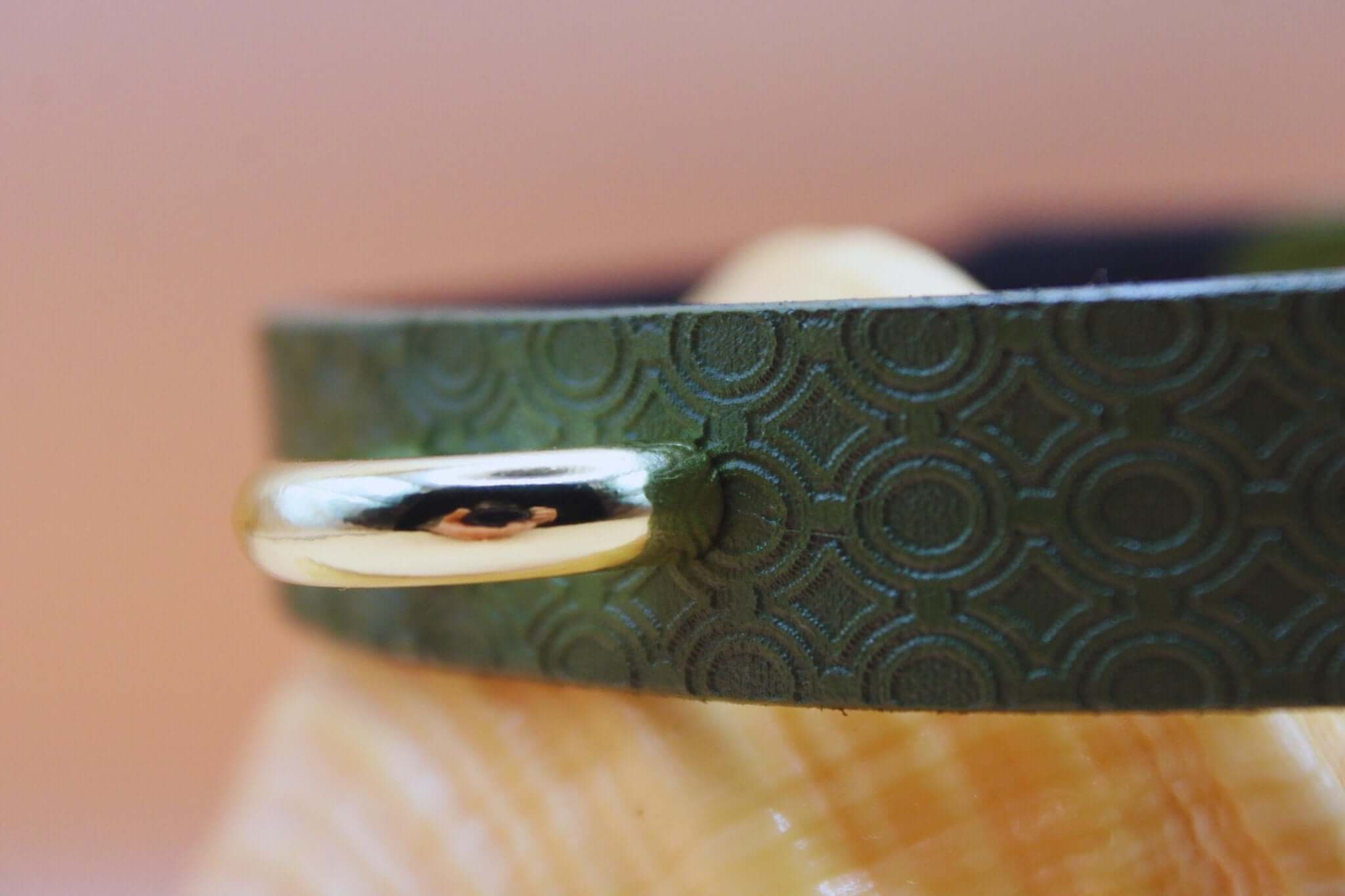 Elegant green leather day collar with a gold accent, perfect for discreet BDSM jewelry and submissive accessories.