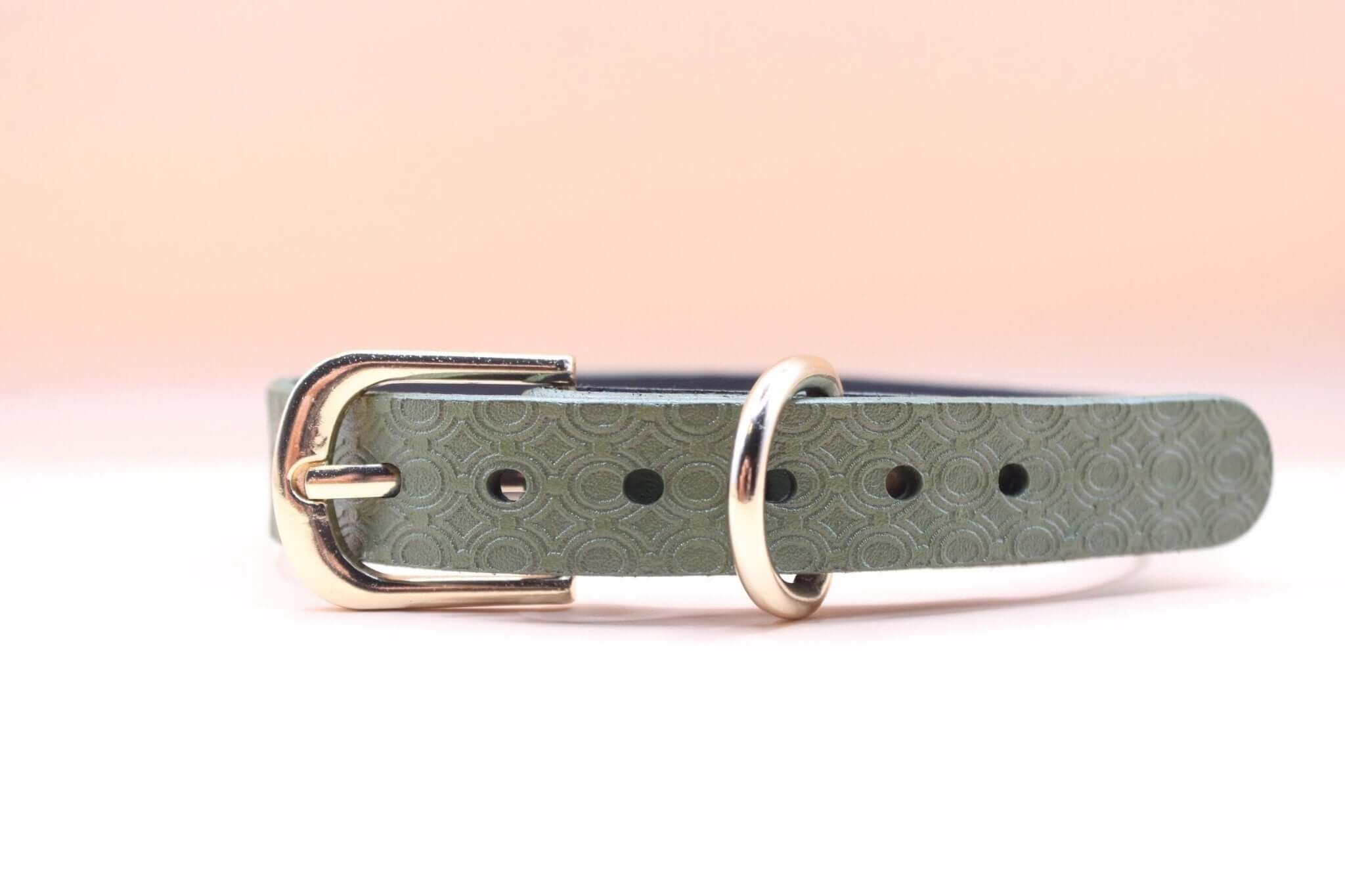 Elegant green leather BDSM day collar with gold buckle, designed for discreet submissive jewelry and petplay.
