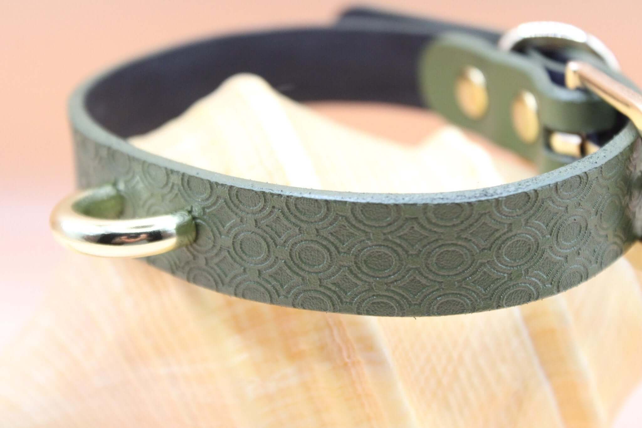 Elegant green leather day collar featuring gold hardware, ideal for BDSM, submissive jewelry, and discreet petplay accessories.
