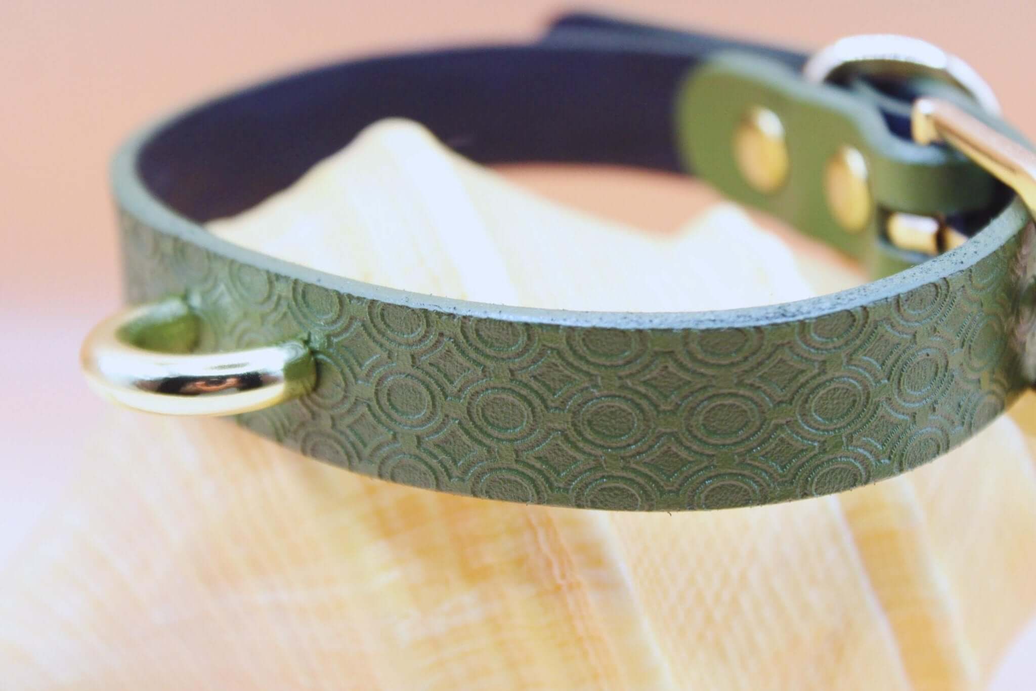 Elegant green leather day collar with gold accents, perfect for submissive jewelry and BDSM accessories.
