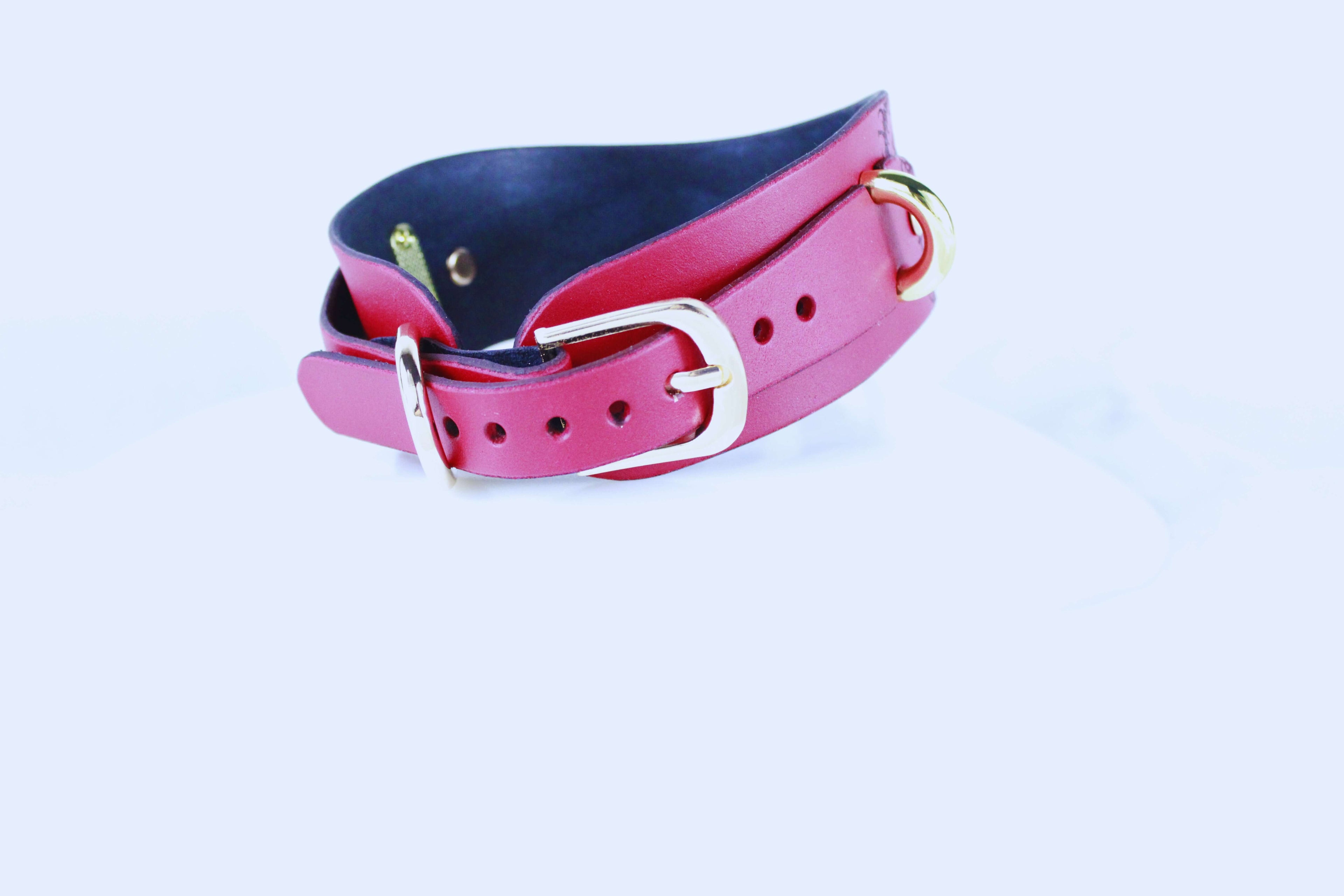 Gothic Skull Posture Collar made of red leather, featuring gold hardware and a sleek design for BDSM and gothic fashion.