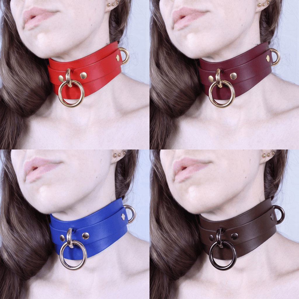 The image is a collage of four close-up photos of a woman wearing a choker necklace with different colored leather straps.