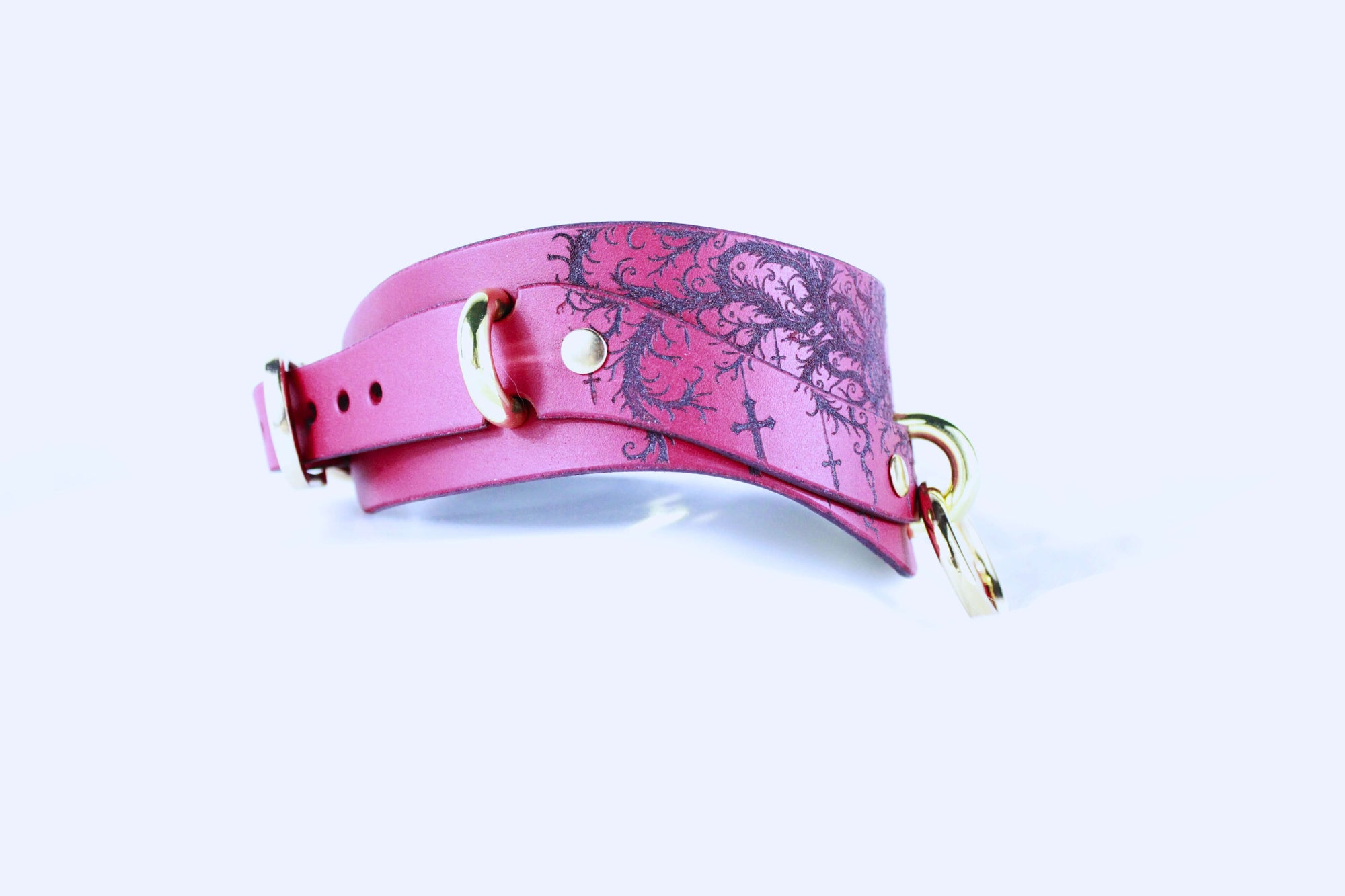 Gothic Skull Posture Collar - BDSM Leather Choker Submissive Collar, handcrafted deep crimson leather with gothic design.