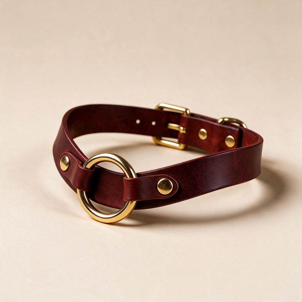 A burgundy leather choker collar with a gold-colored buckle and ring.