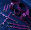 a collection of purple leather straps and restraints arranged on a blue background.