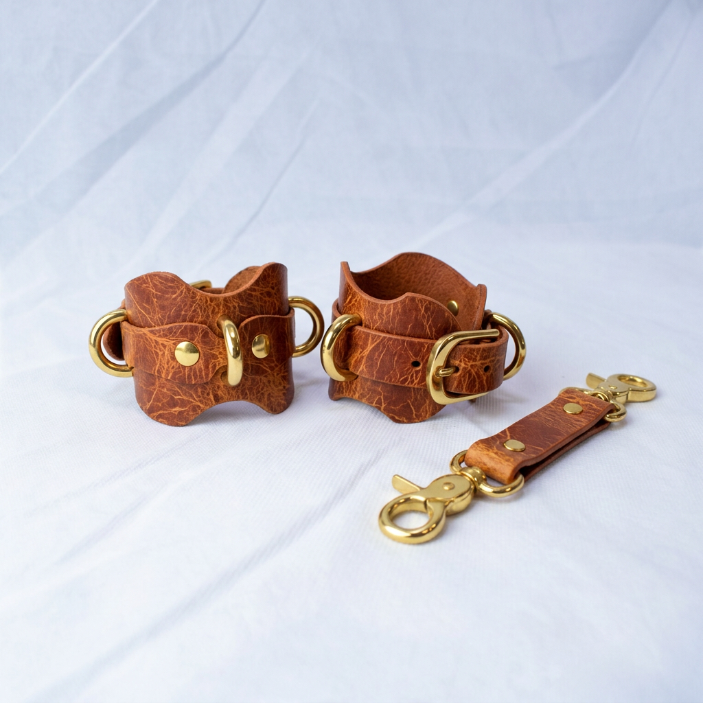 a pair of brown leather cuffs with gold hardware, including buckles and clasps, arranged on a white background.