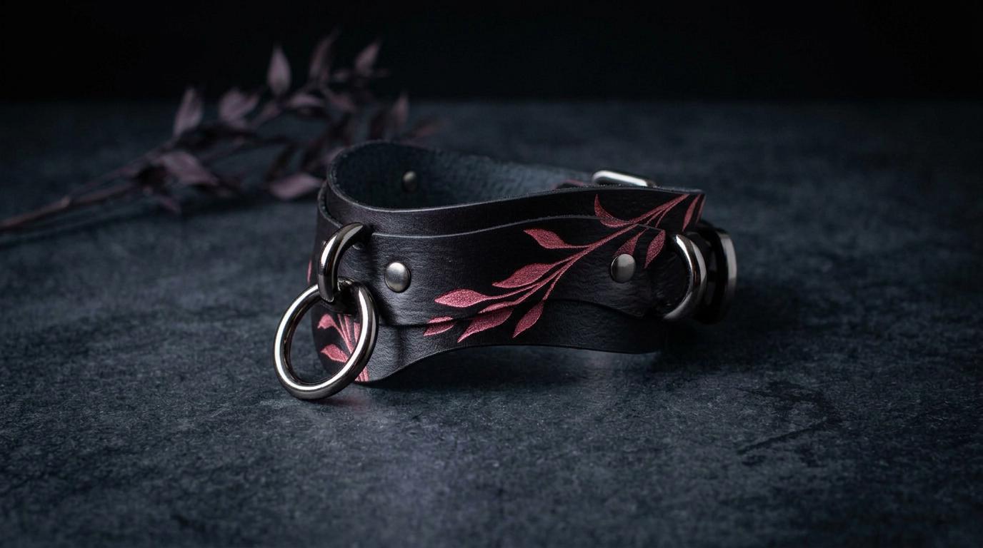 A black leather choker necklace with a leaf design and metal rings is displayed on a dark surface.