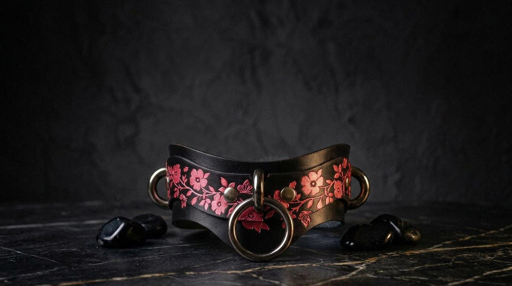 A black leather choker necklace with a floral pattern and metal rings is displayed on a dark surface, accompanied by small black stones.
