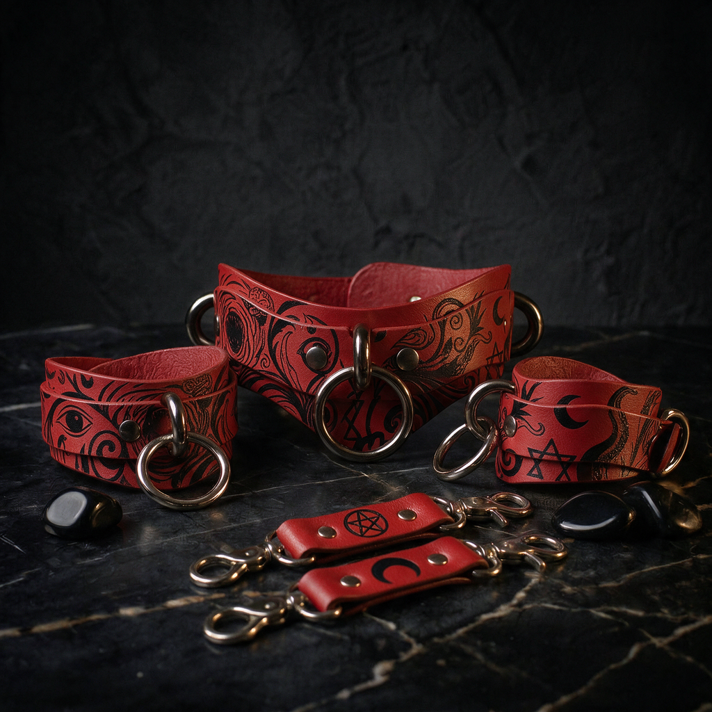 a collection of red leather straps with black designs, including skull and crossbones symbols, arranged on a dark surface.