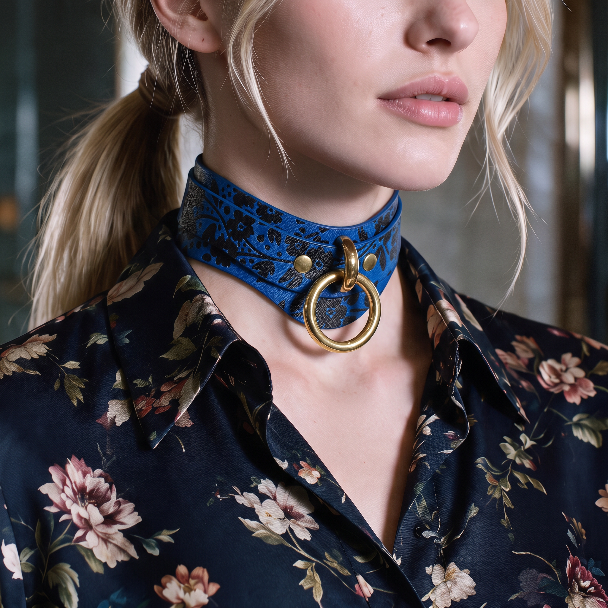 A close-up of a woman wearing a blue choker necklace with a gold ring, paired with a floral print blouse.