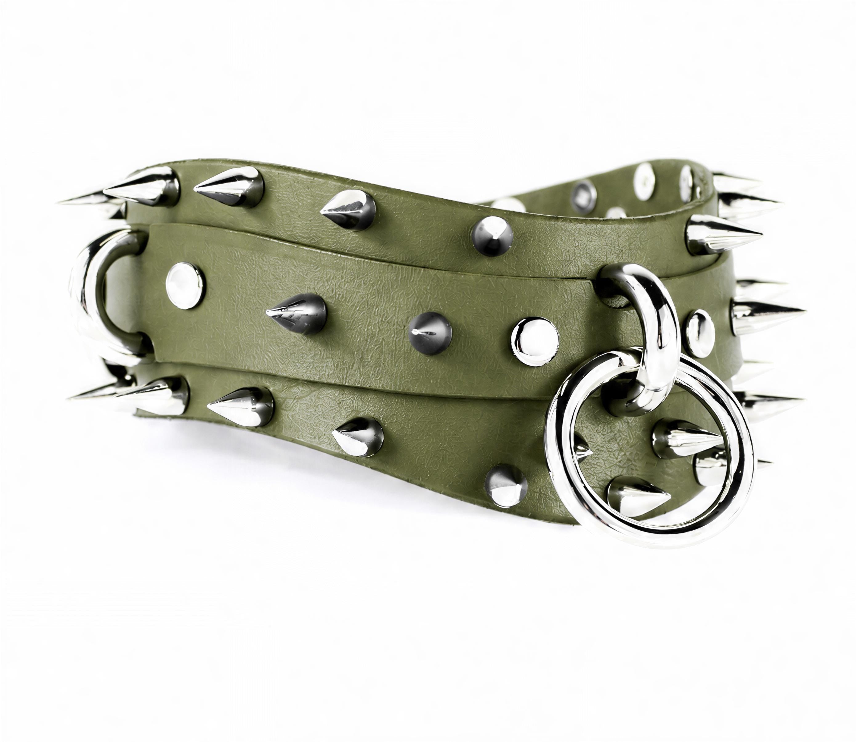 A green leather belt with silver spikes and a metal ring attached to it.