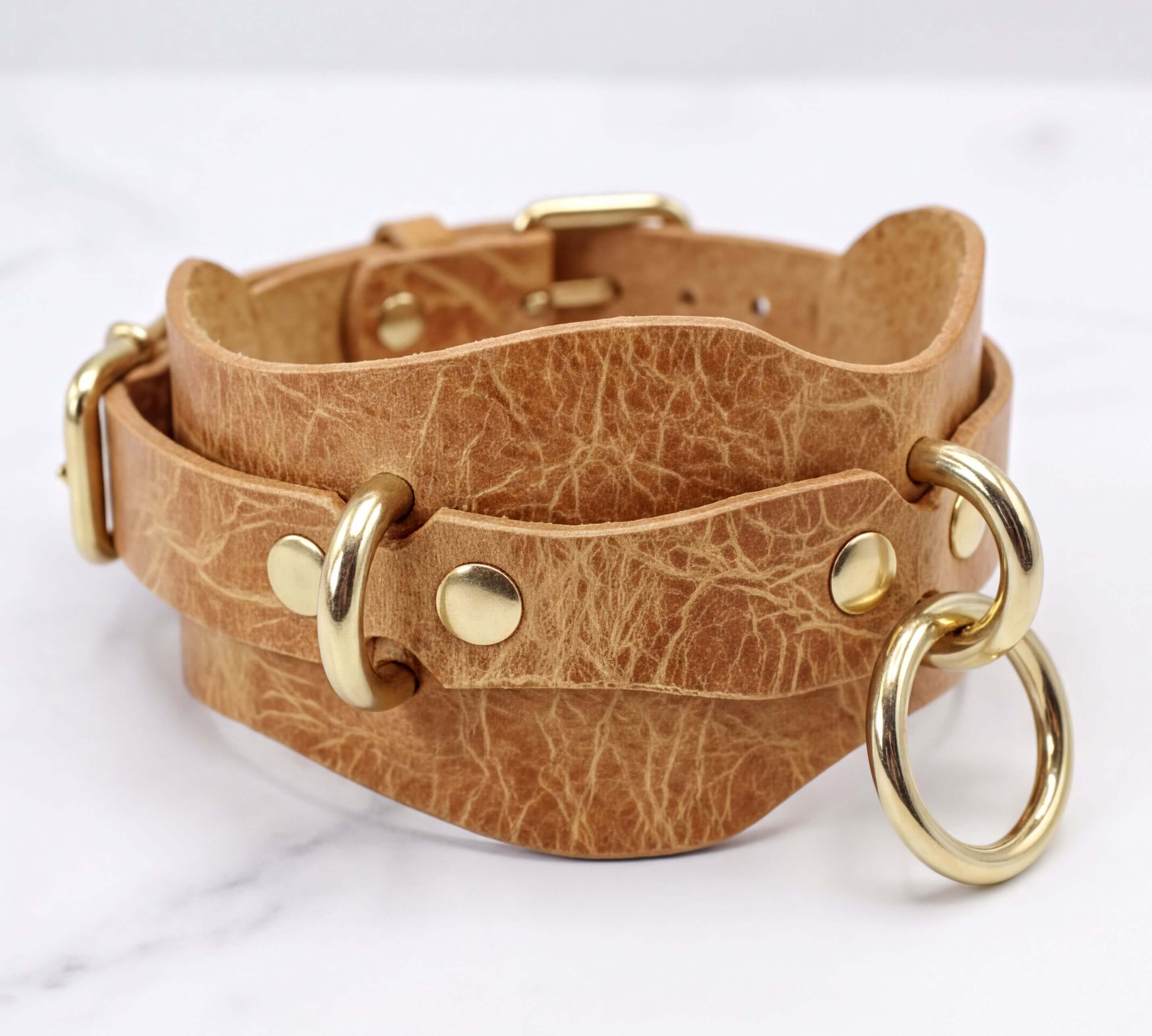 A tan leather choker necklace with gold-colored metal rings and buckles.