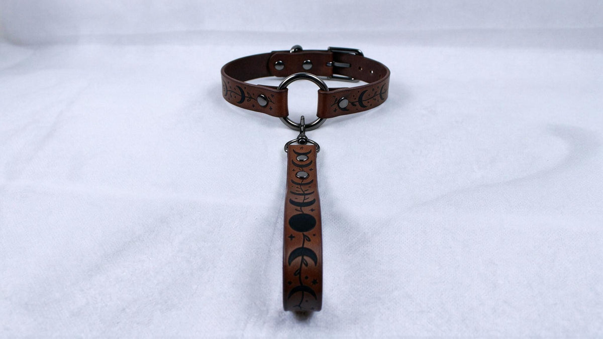 A brown leather collar with a metal buckle and a decorative handle attached to it, resting on a white surface.