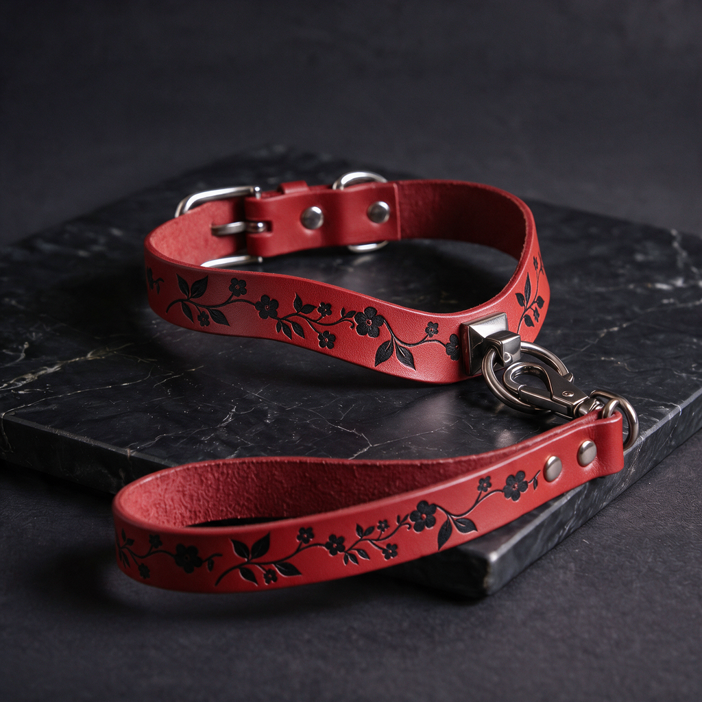 A red leather collar with a floral pattern and a matching red leash attached to it, resting on a black surface.