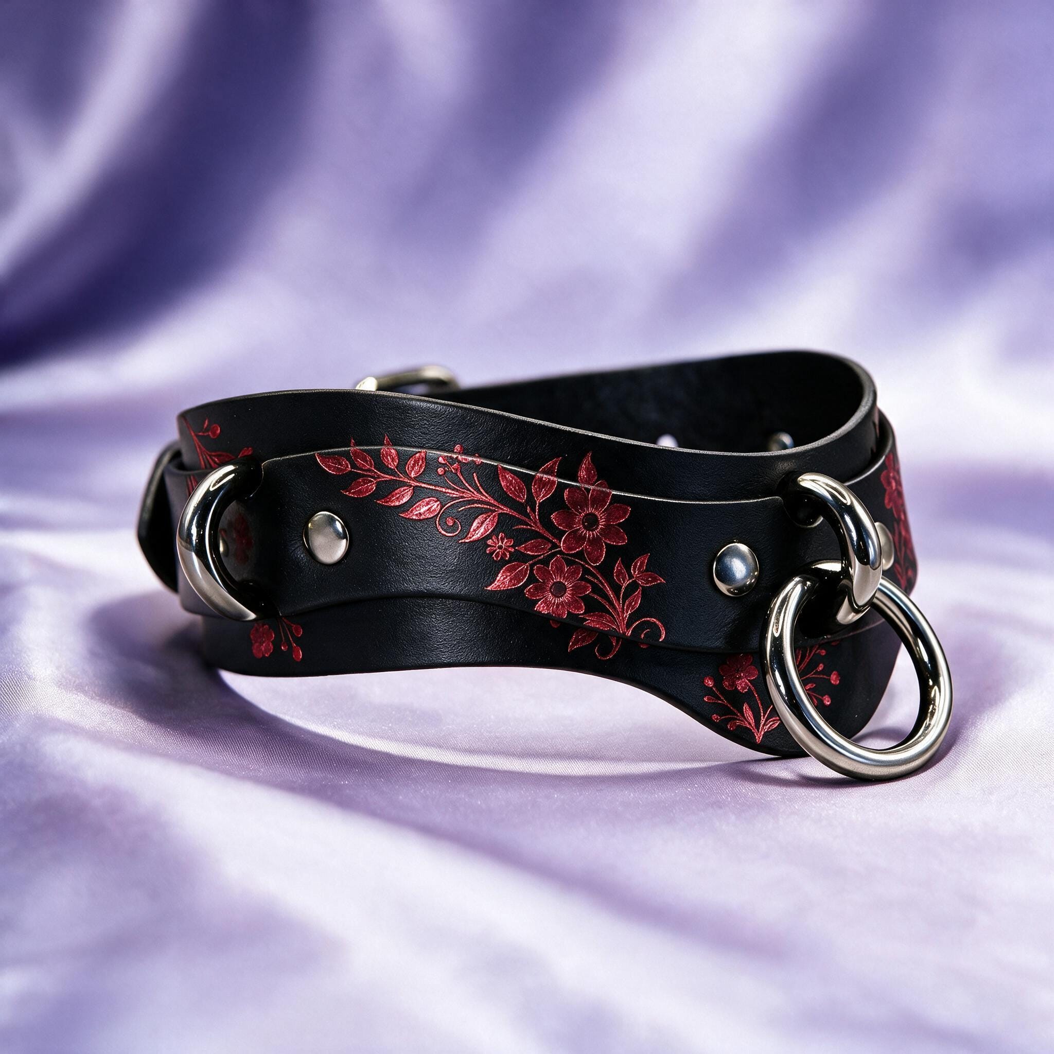 A black leather strap with red floral designs and metal rings on it, resting on a purple background.
