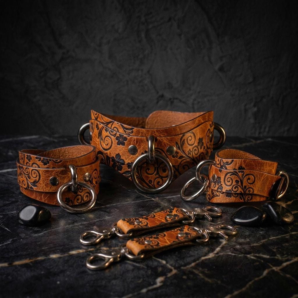 a collection of leather straps and accessories, including a large leather strap with a floral pattern and several smaller leather straps with metal rings. The accessories are arranged on a dark surface, possibly a marble countertop or table.