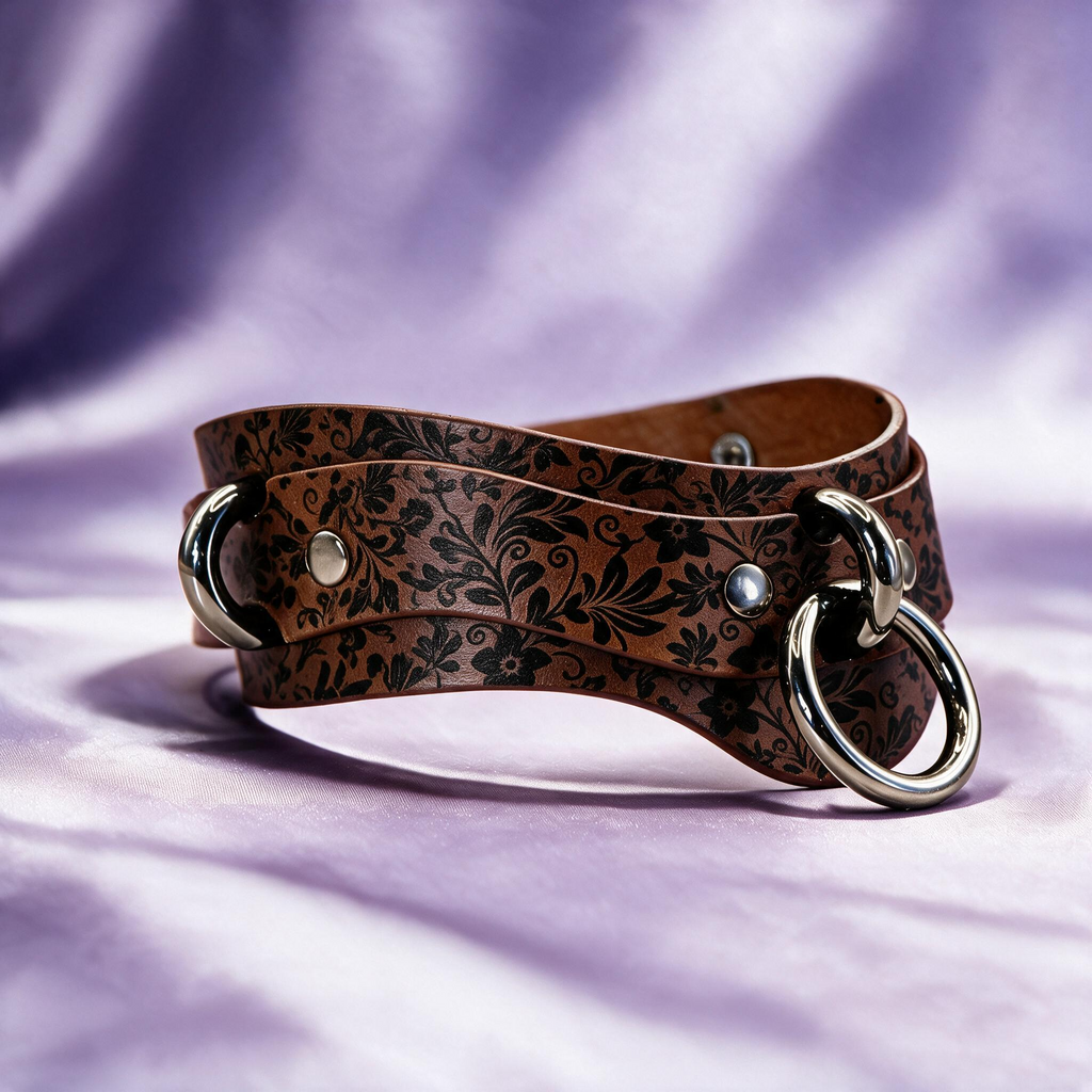 A brown leather choker with a floral pattern and metal rings on the ends, resting on a purple background.