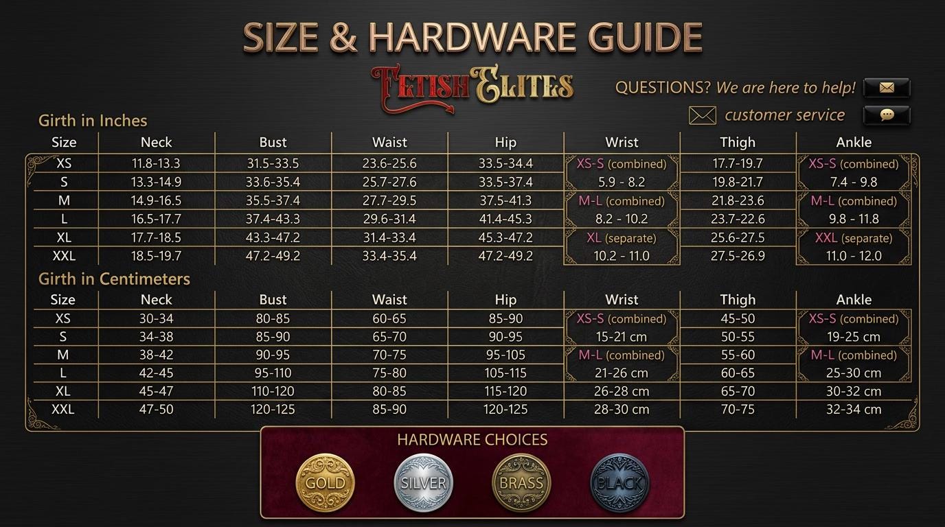 The image is a size and hardware guide for a product, likely a clothing item or accessory, with various measurements and corresponding sizes listed.