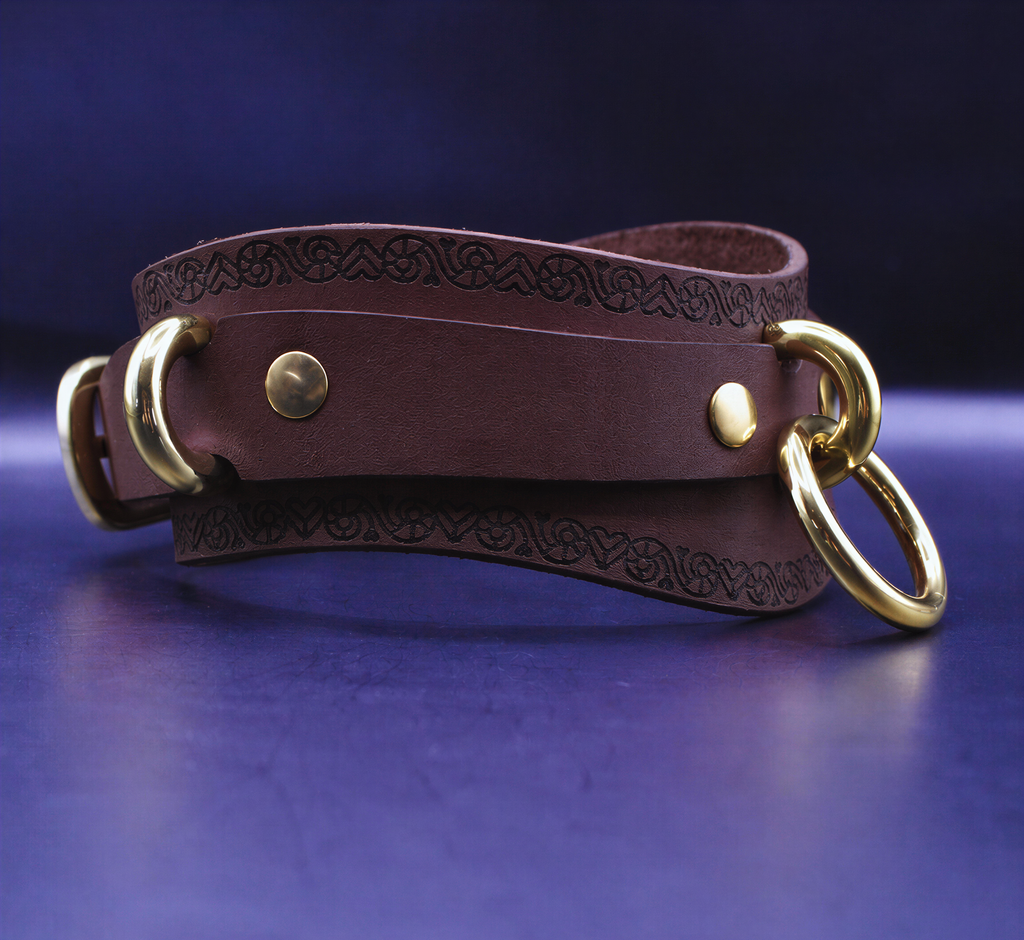 A brown leather choker necklace with gold-colored metal rings and a decorative pattern on the leather.
