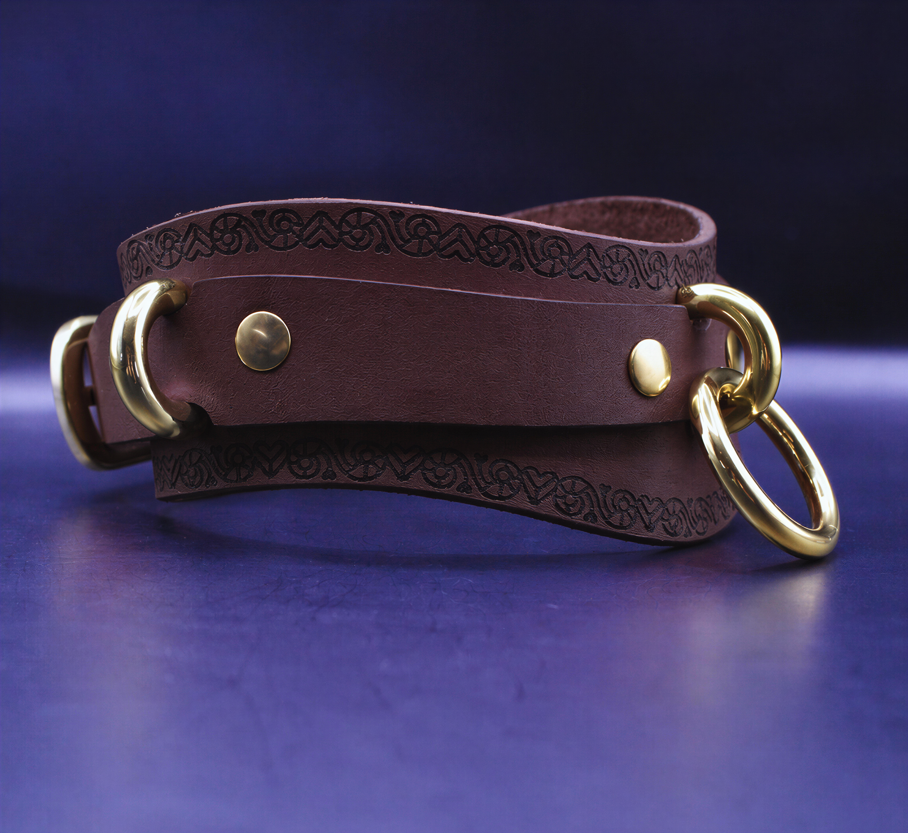 A brown leather choker necklace with gold-colored metal rings and a decorative pattern on the leather.