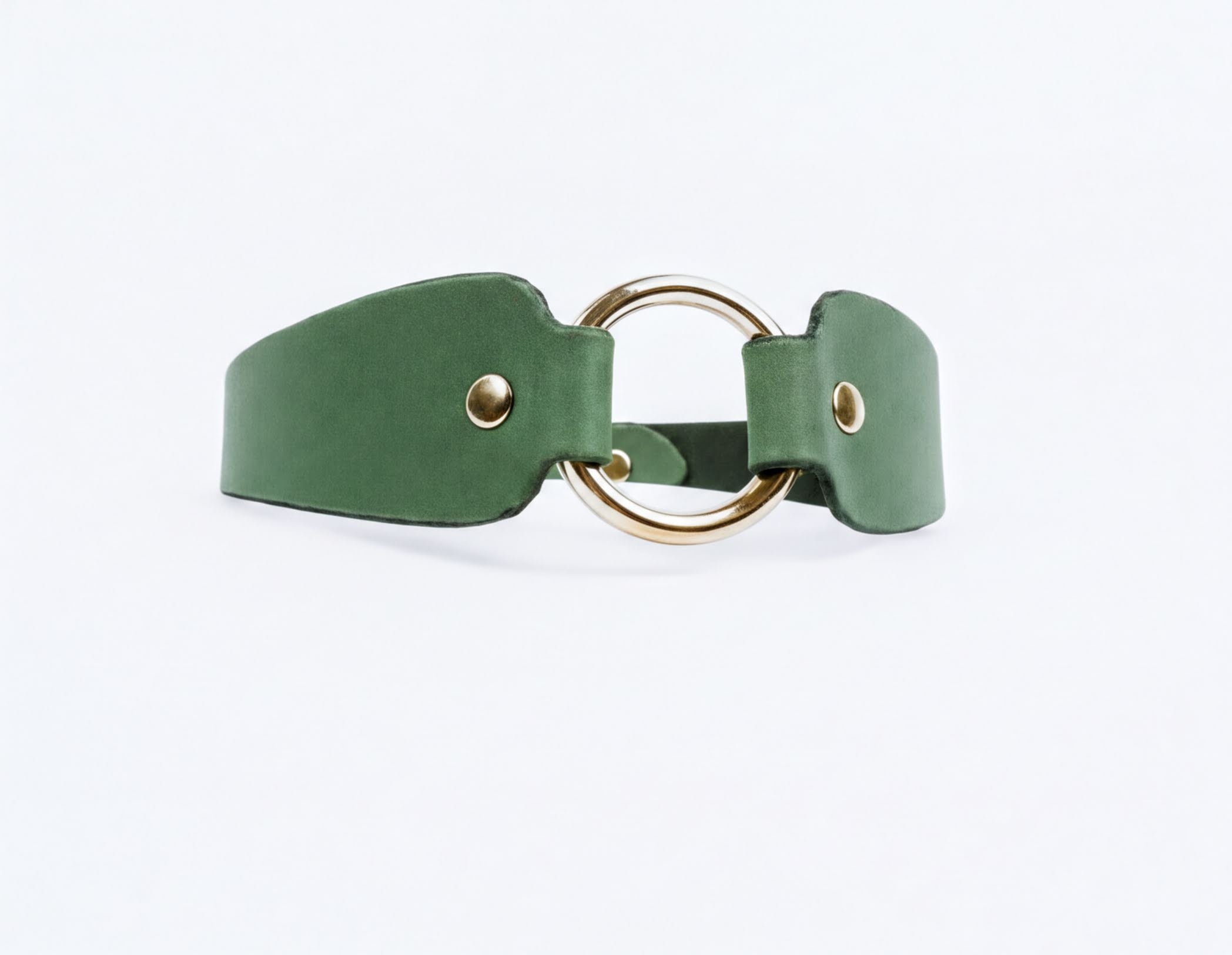 A green leather choker necklace with a gold-colored circular buckle.