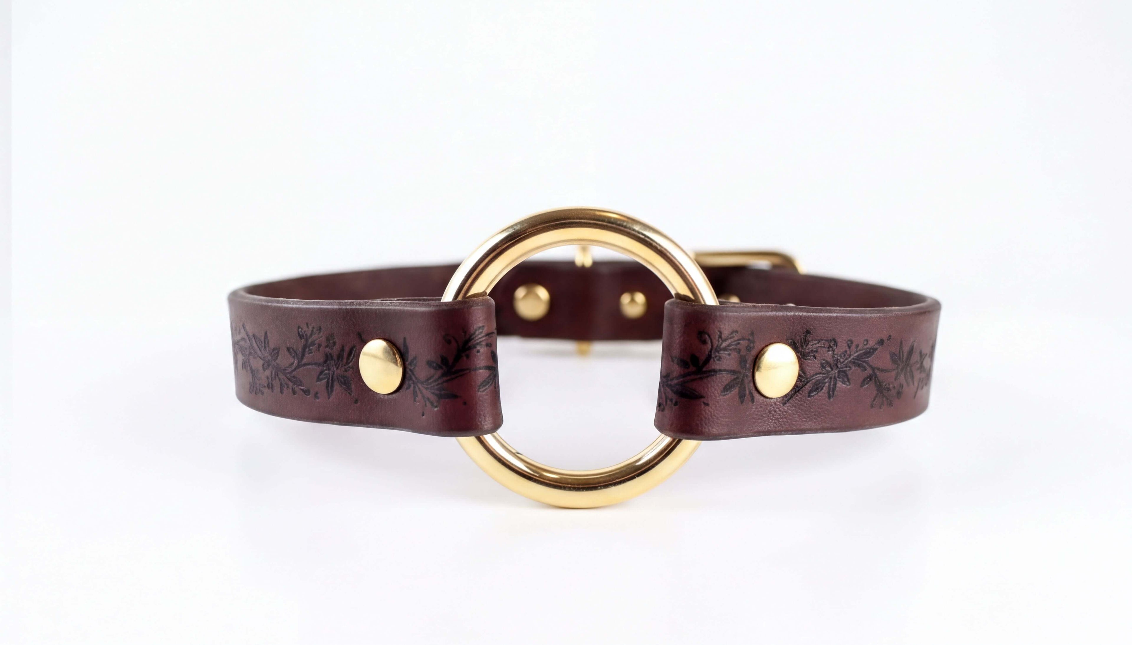 A brown leather choker necklace with a gold-colored circular buckle.