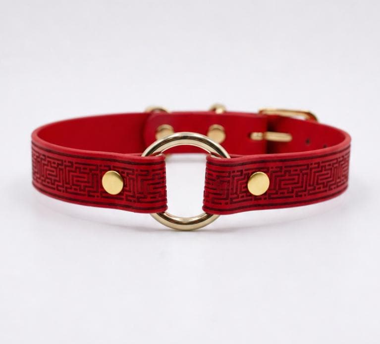 A red leather collar with a gold-colored metal ring and buckle.