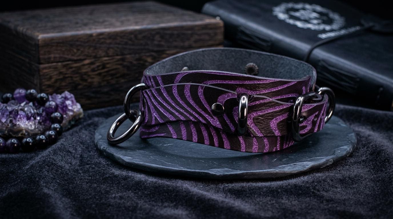 a purple zebra-striped leather choker necklace with metal rings, displayed on a black surface alongside a wooden box and a black book.