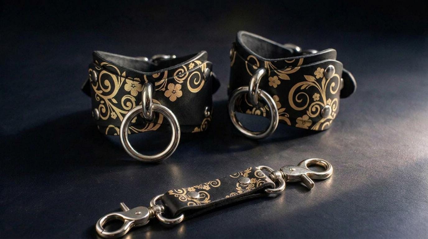 a pair of black leather cuffs with gold floral designs and metal rings, as well as a matching leather strap with metal rings.